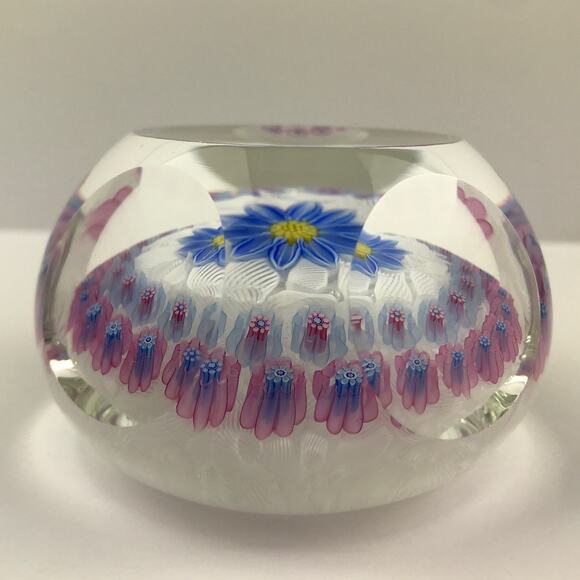 Perthshire 1996B Blue Flower on Lace Floral Pink Daisy Canes Faceted Paperweight - Picture 8 of 13